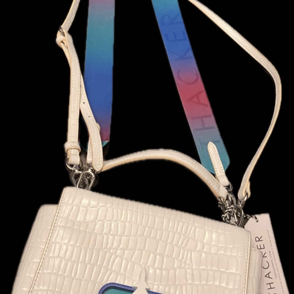White Croc-Embossed Women's Bag with Multicolor Strap - Picture 6 of 6